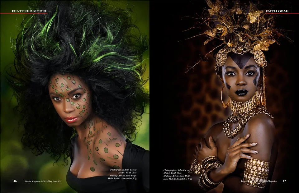 Two women with elaborate makeup and hairstyles, one with green and black curly hair with green spots on her face and arm, the other with gold jewelry and an ornate headdress with gold and black face makeup.