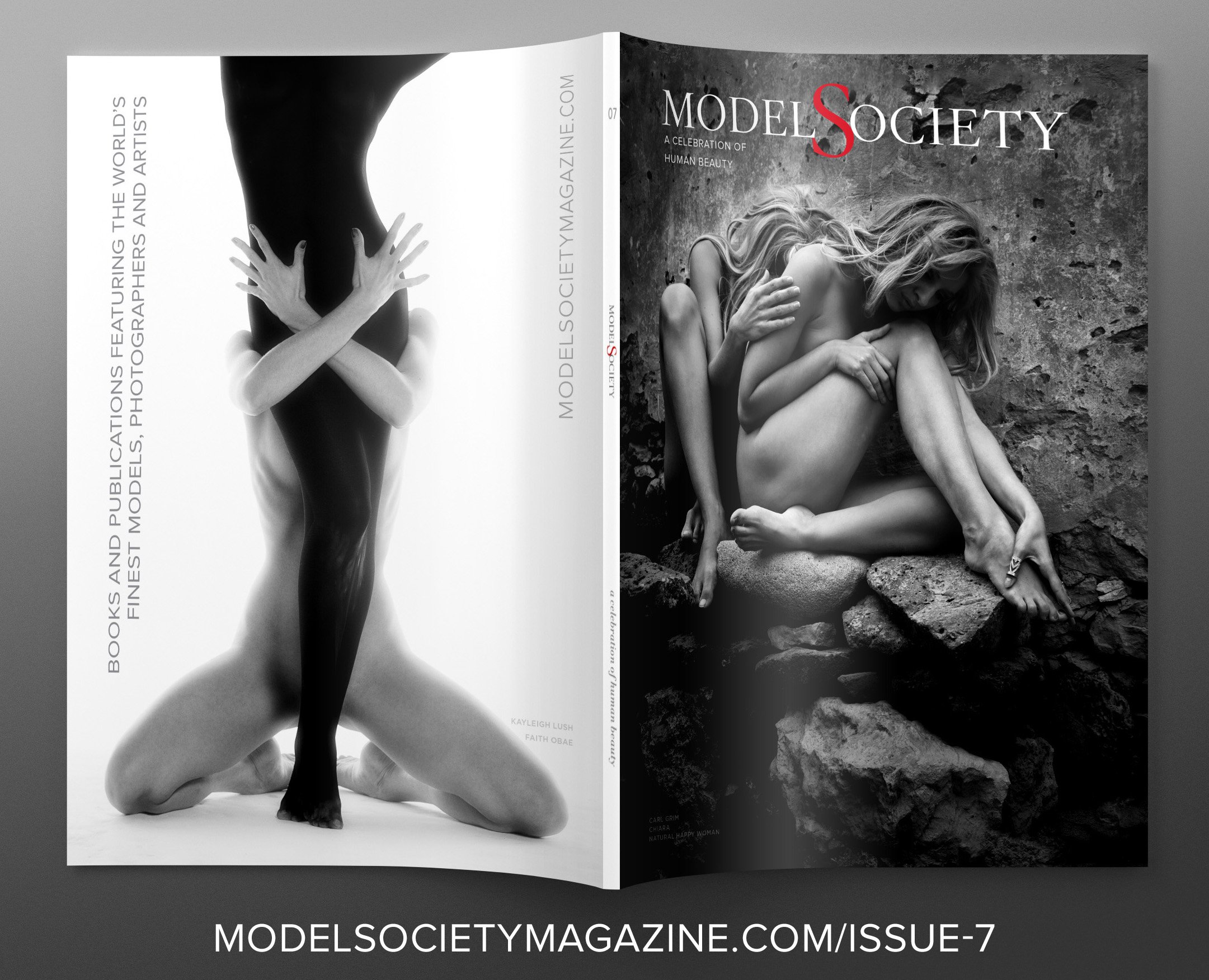 Open magazine featuring black and white photographs of women in artistic poses on the cover and inside pages.