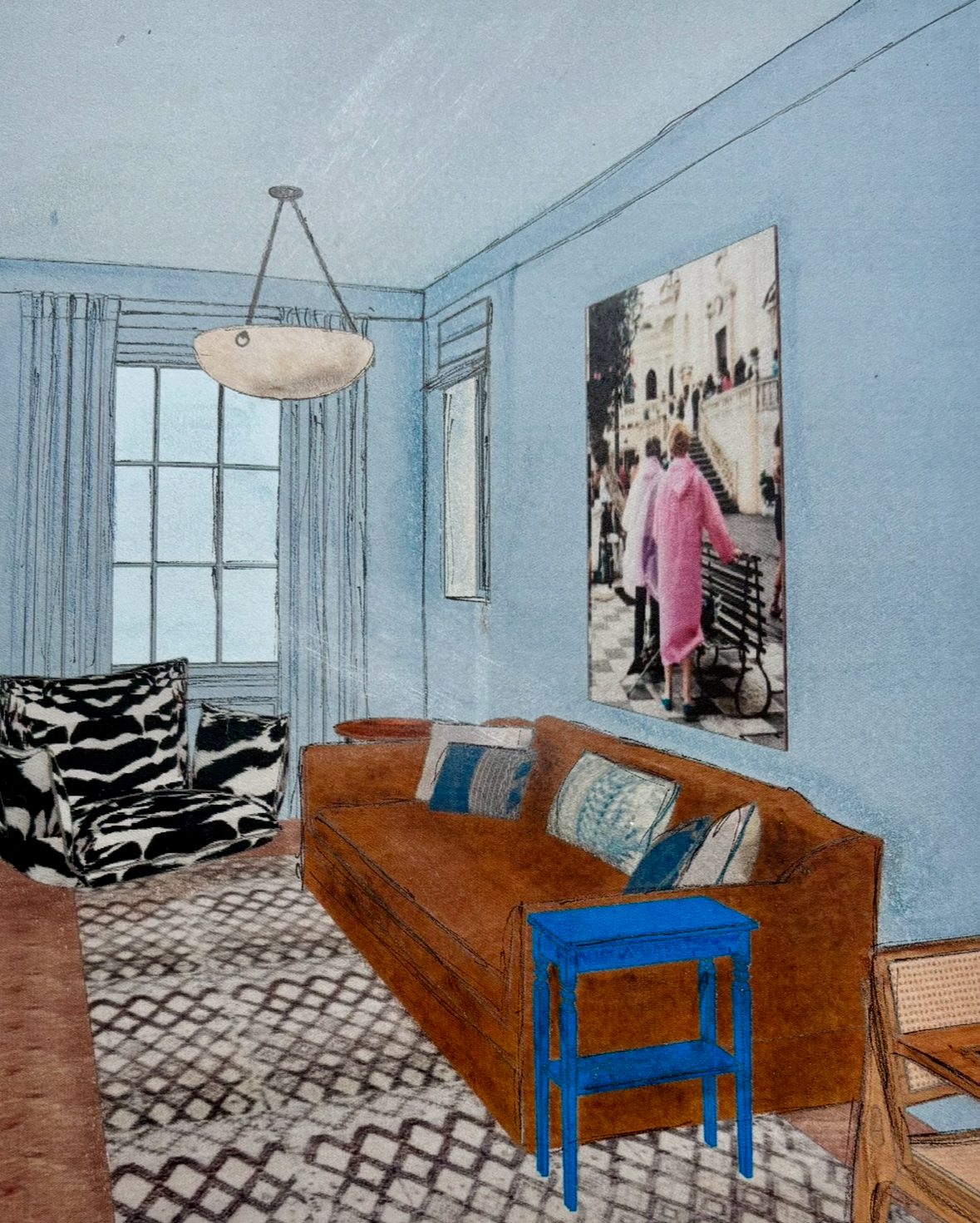 CAD image of a living room with blue walls and orange sofa