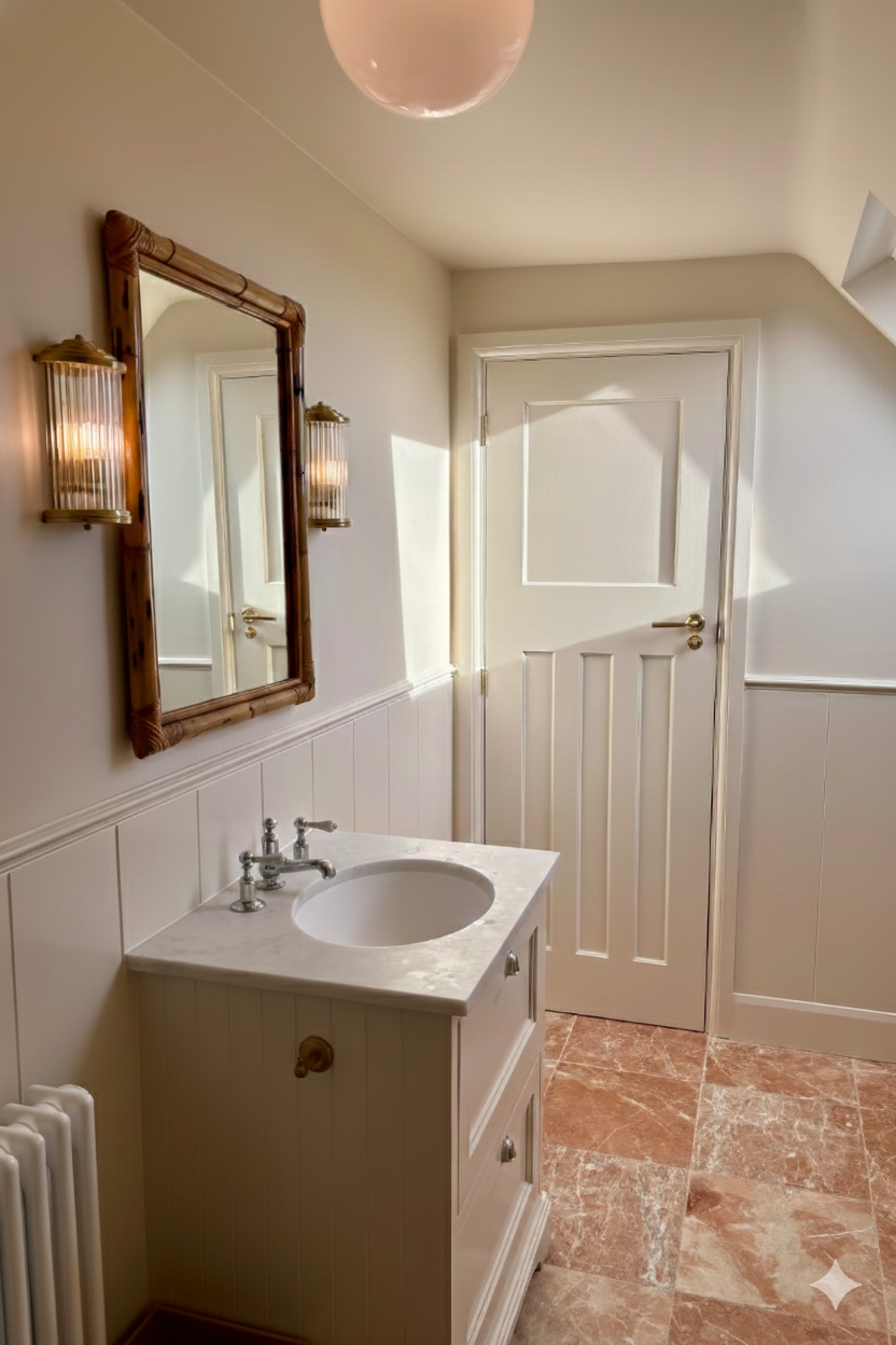 A small bathroom with a white vanity, marble countertop, and a round mirror. There are wall-mounted lights on each side of the mirror, a white door, and a tiled floor.