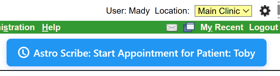 A blue button that appears at the top right of the screen which launches an appointment in Astro Scribe