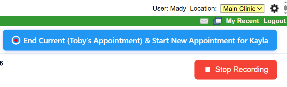 A bright red stop recording button and a blue button which both stops the current recording and starts a new one