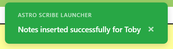 A green notification alerting the user that the note was successfully inputted.