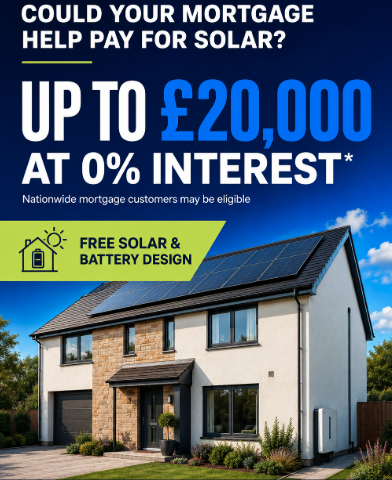 A house with solar panels on the roof, promoting mortgage assistance for solar financing up to £20,000 at 0% interest, featuring a green banner offering free solar and battery design.