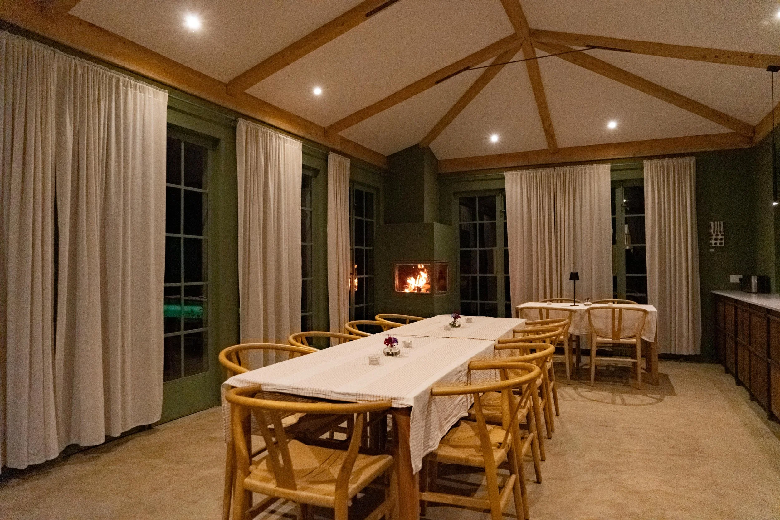 Dining with lit fire