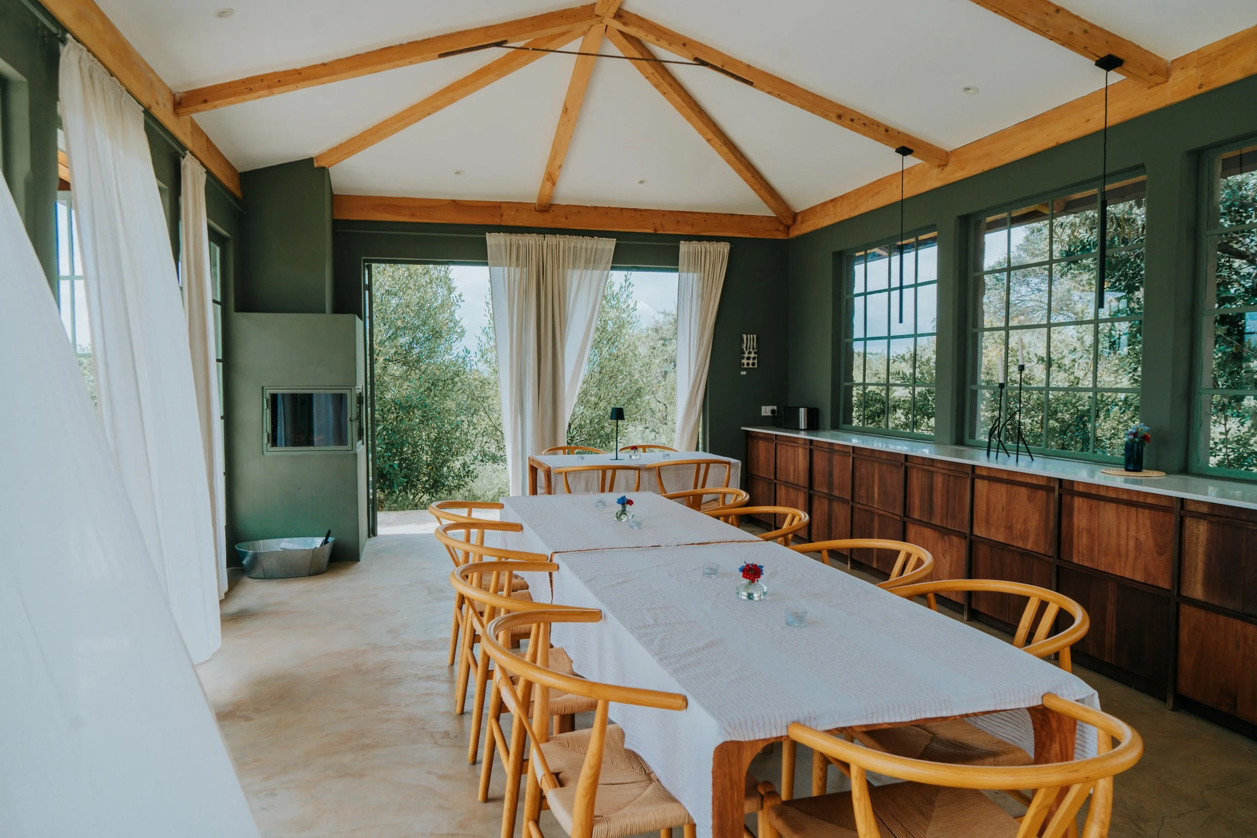 Dining with fireplace