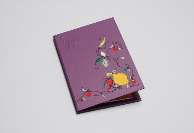 Family of four veg and fruit stylized illustrations. Constructed from hand cut papers, felt, leather and suede. The designs are then reproduced into luxurious printed menus for The Hospital Club.