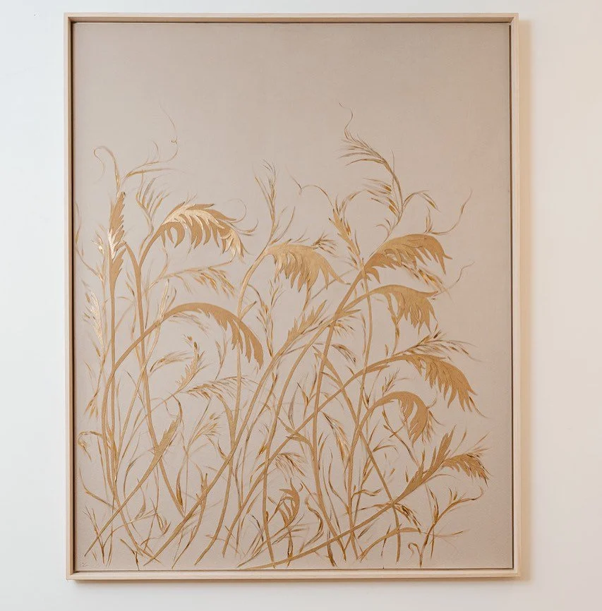 A few weeks till I move studio and I would love this piece to find a new home. One of my most popular patterns &lsquo;Dancing Reeds&rsquo; inspired by walks across the marshes in norfolk.
.
A faux suede background is hand painted, layers of hand cut 