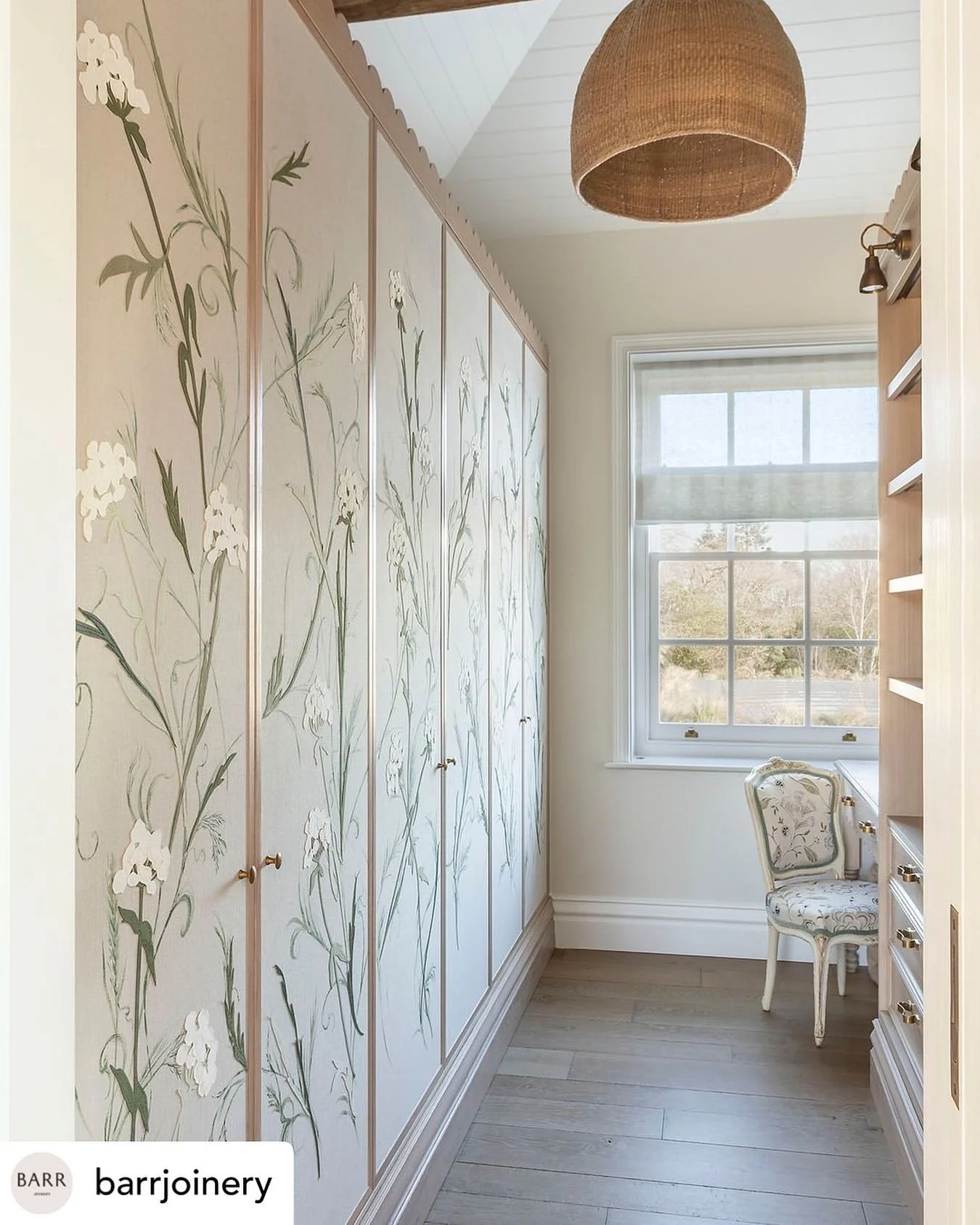 Repost from &bull; @barrjoinery The bespoke wardrobe panels, created by textile artist Claire Coles, are layers of hand-cut faux suede stitched onto linen, hand-painted to capture the delicate cow parsley and grasses that grow just outside in the gar