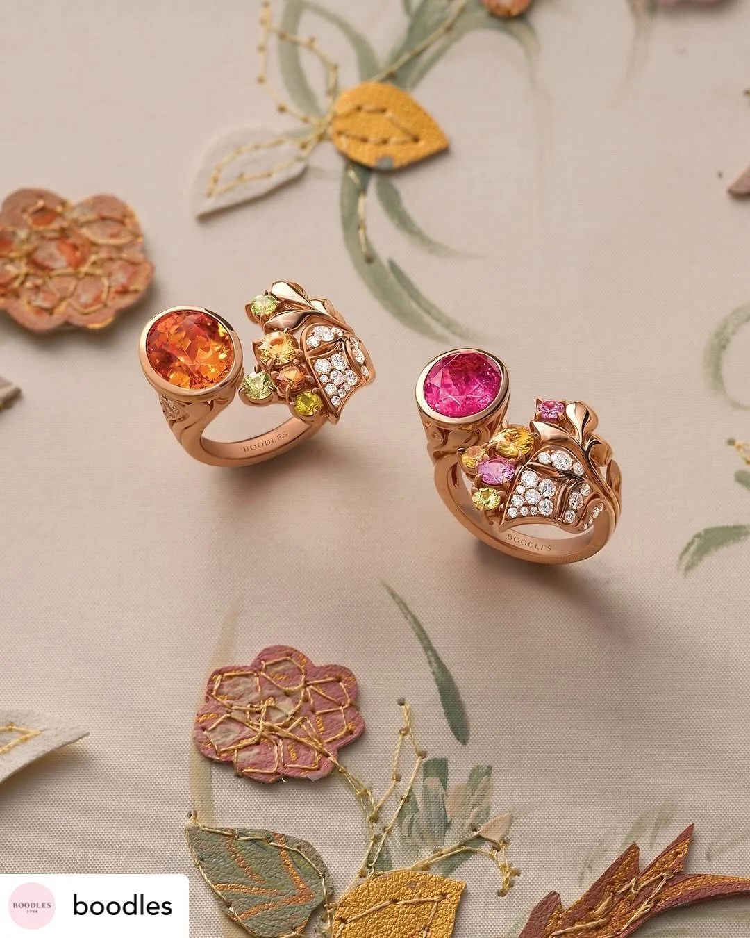Some beautiful photography of @boodles SILK MANTUA jewellery set against my mixed media artworks, custom made for this collection.
. 
Inspired by an 18th-century silk mantua crafted in Spitalfields, East London, our Silk Mantua suite reflects the flo