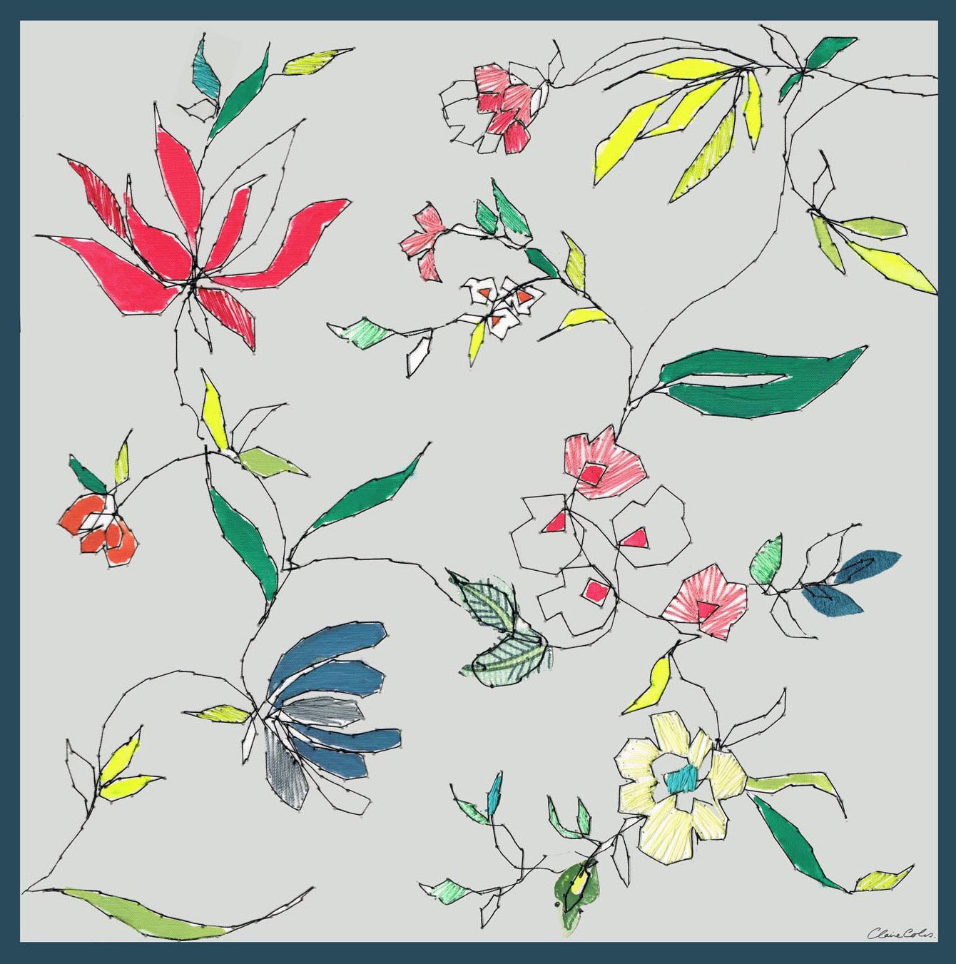 Floral patterns constructed from collage and paint washes with machine embroidery are translated into dreamy patterns on digitally printed silk scarves for Jaeger.