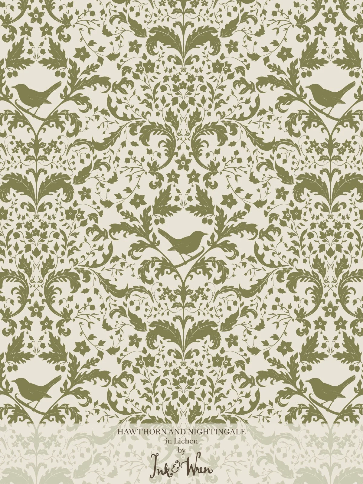 Hawthorn and Nightingale Damask Pattern in Lichen