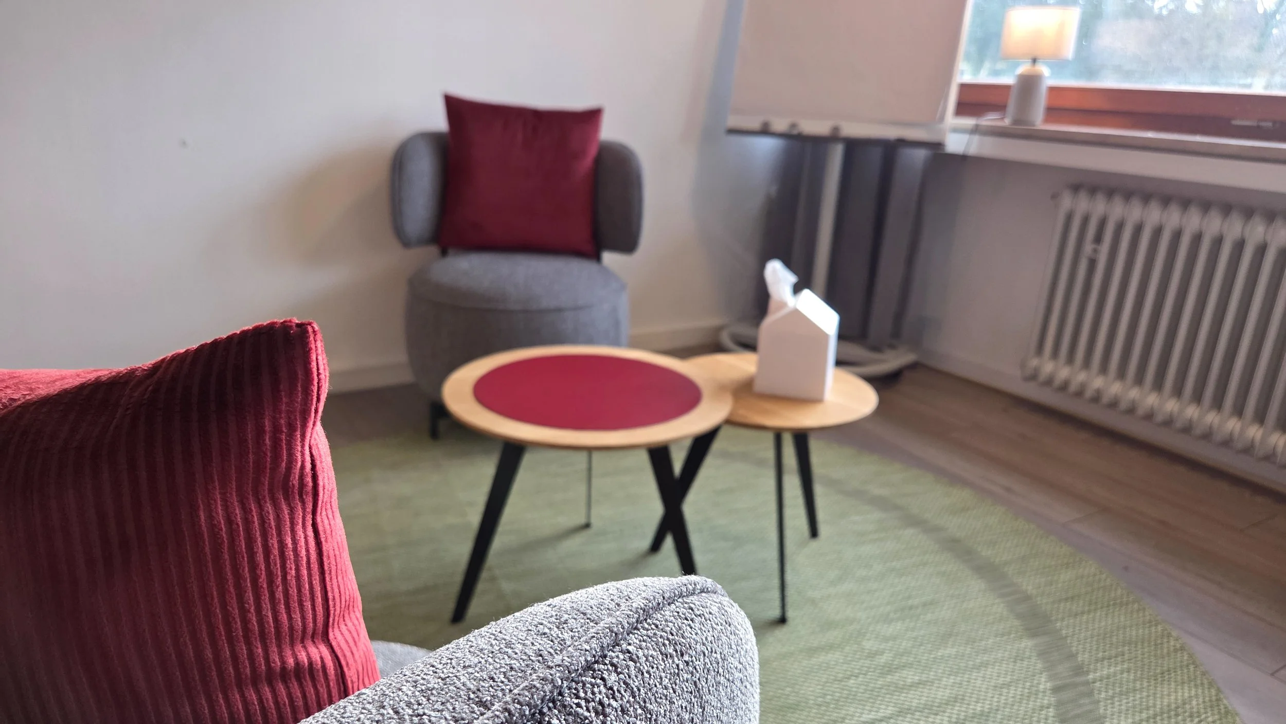 Gemütliches Wohnzimmer mit grauer Armlehnenstimme, rotem Kissen, einem schwarzen Teppich mit roten runden Platzdecken, zwei kleinen Holztischen mit einem weißen Papierbox, einem Fenster mit Lampe und Heizkörper.