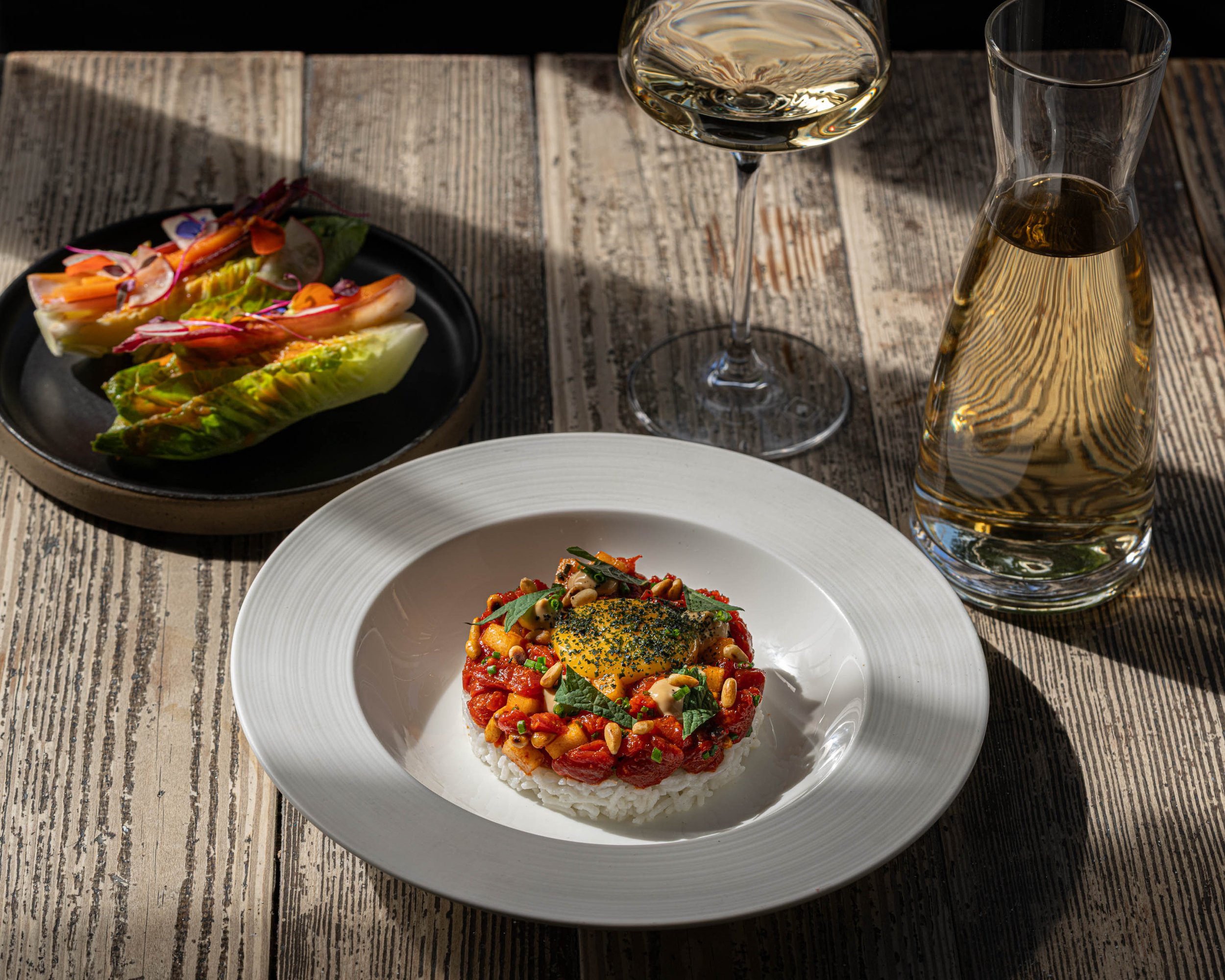 Beef tartare “Galbi lettuce taco” dish at Oui Madame, modern European restaurant in Highbury & Islington.