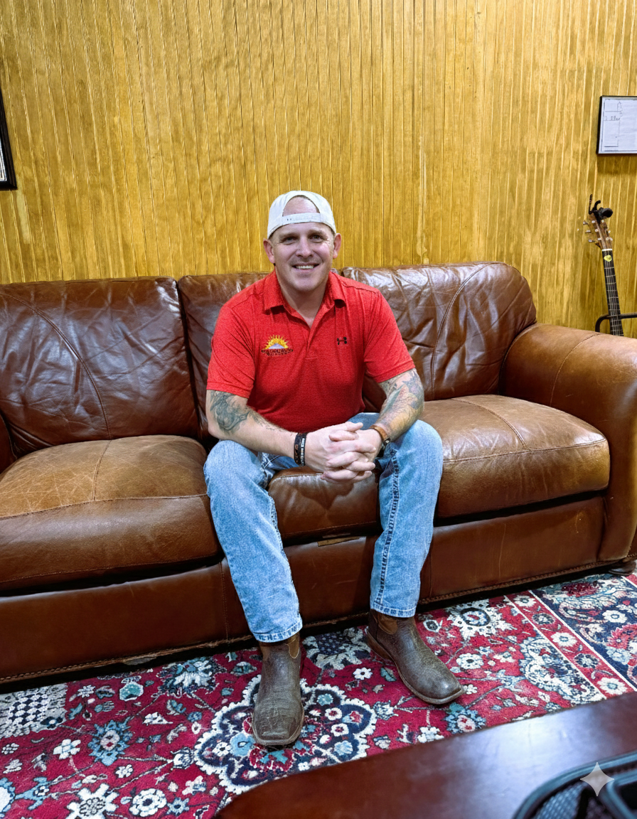 A man sitting on a brown leather sofa in a room with yellow wood-paneled walls. He is wearing a red polo shirt, light blue jeans, brown boots, and a white baseball cap worn backwards. He has tattoos on both arms and is smiling at the camera.