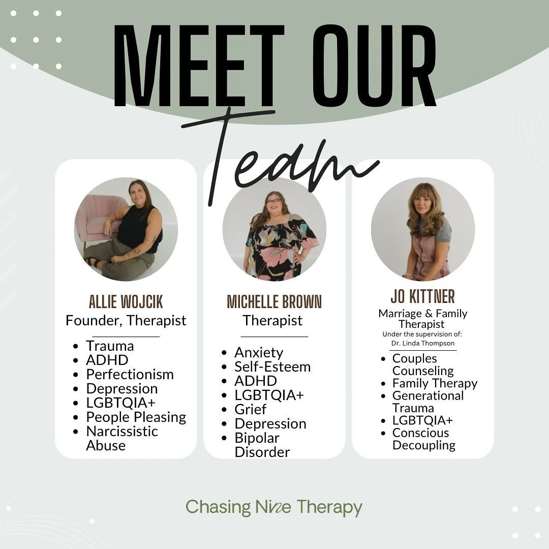 ⭐️MEET THE C9 TEAM⭐️

🌷 Allie is a Licensed Professional Counselor who works with teenagers &amp; adults. 

🦋Michelle is also a Licensed Professional Counselor who works with adolescents, teenagers, and adults. 

💖 JoHanna is a supervised - Marria