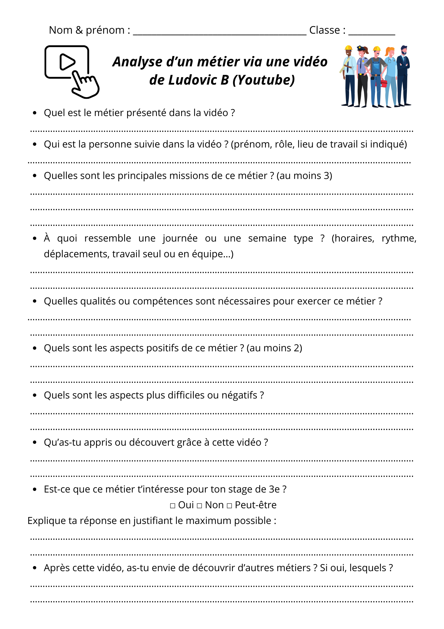 Fiche travail sur un métier à partir d'une vidéo de Ludovic B sur Youtube