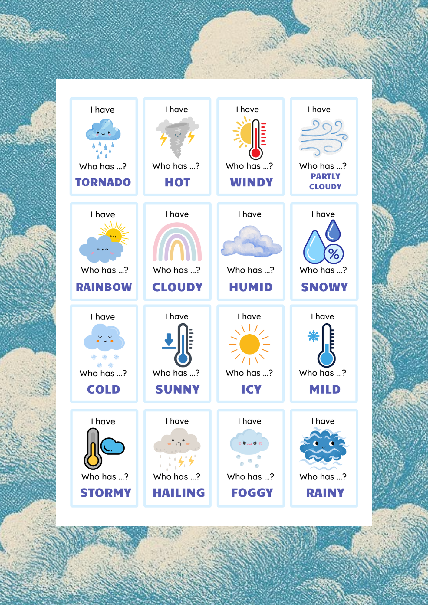 Jeu I HAVE / WHO HAS sur la météo en anglais (MAJ en Août 2026)