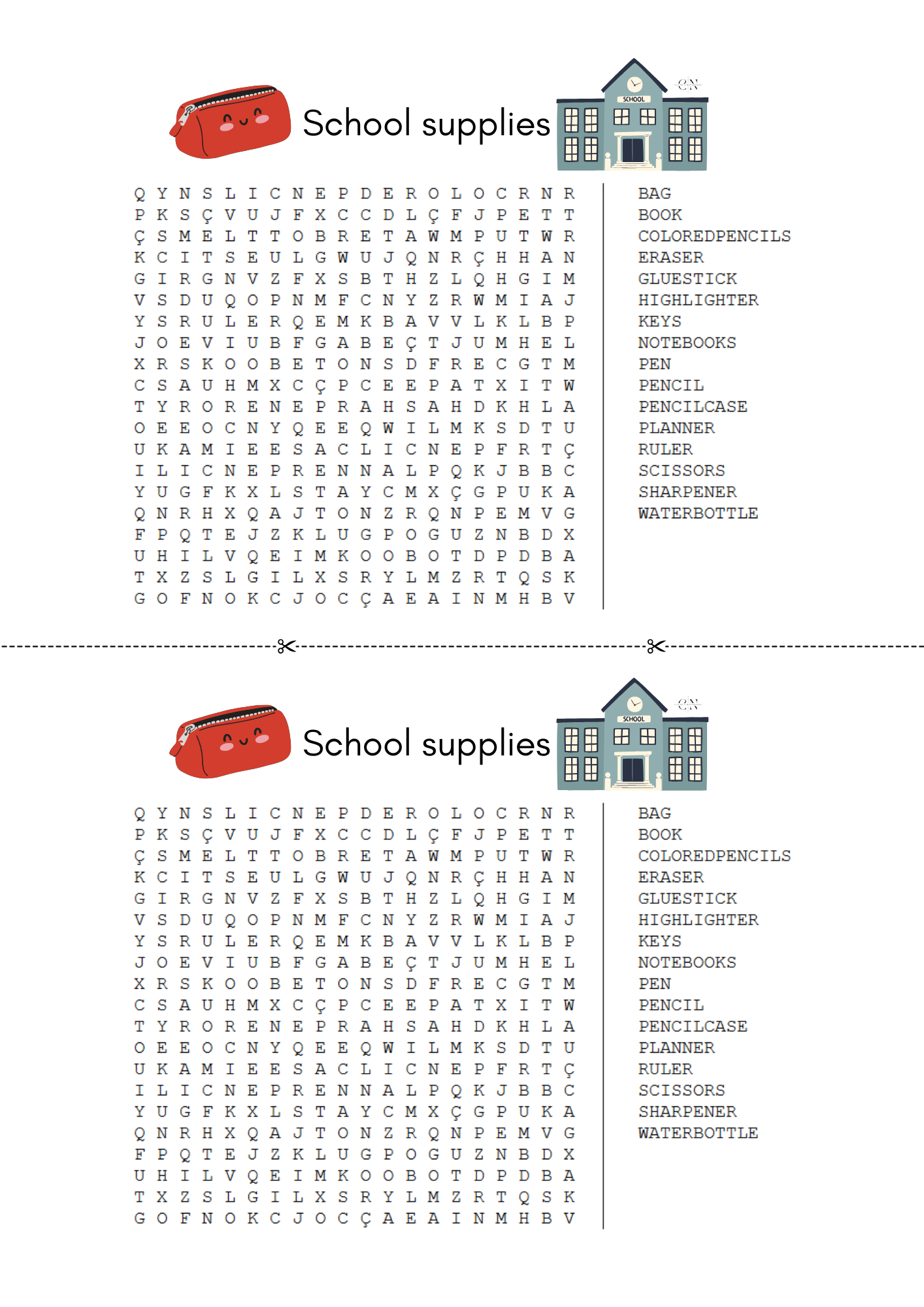 Word Search : School Supplies