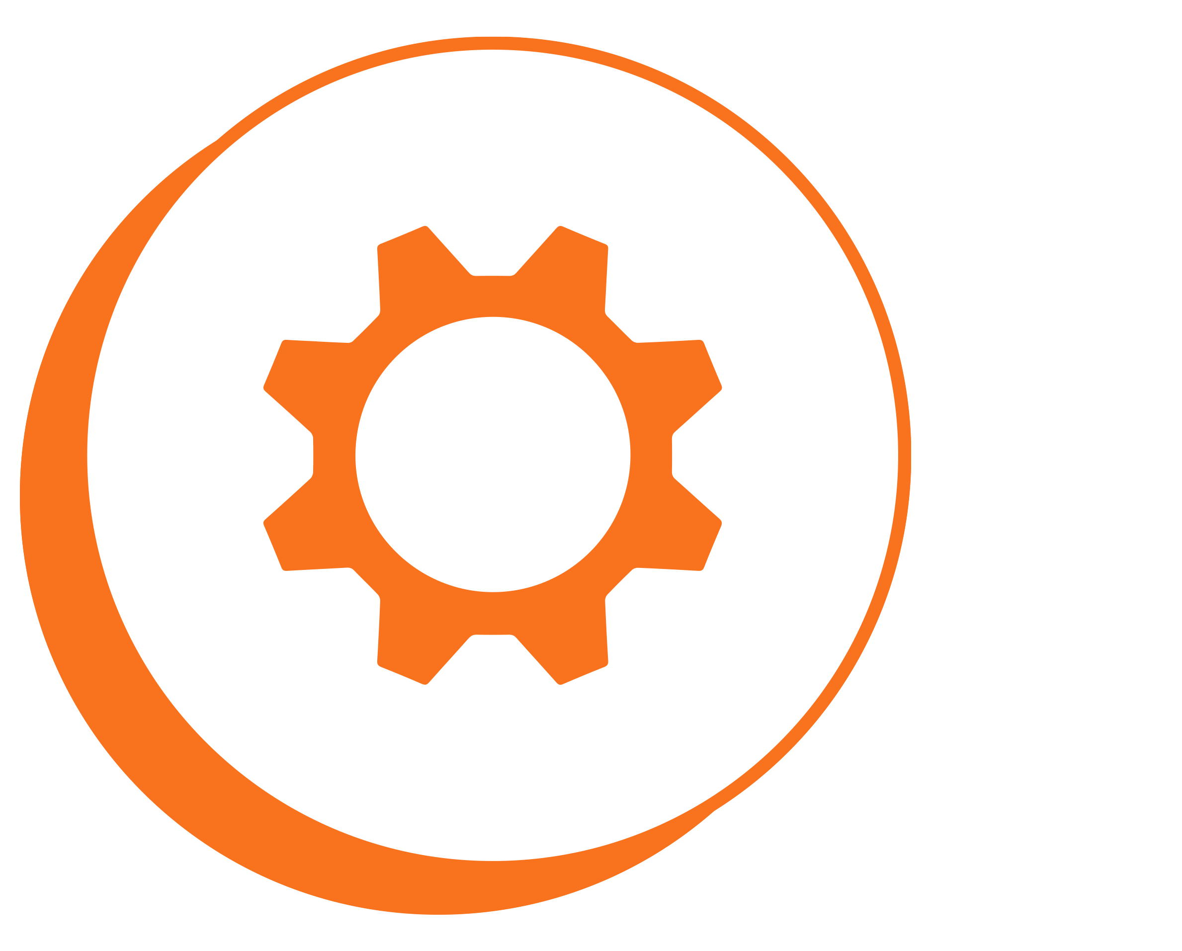 A graphic logo featuring a white gear with orange borders and a central orange gear inside it.