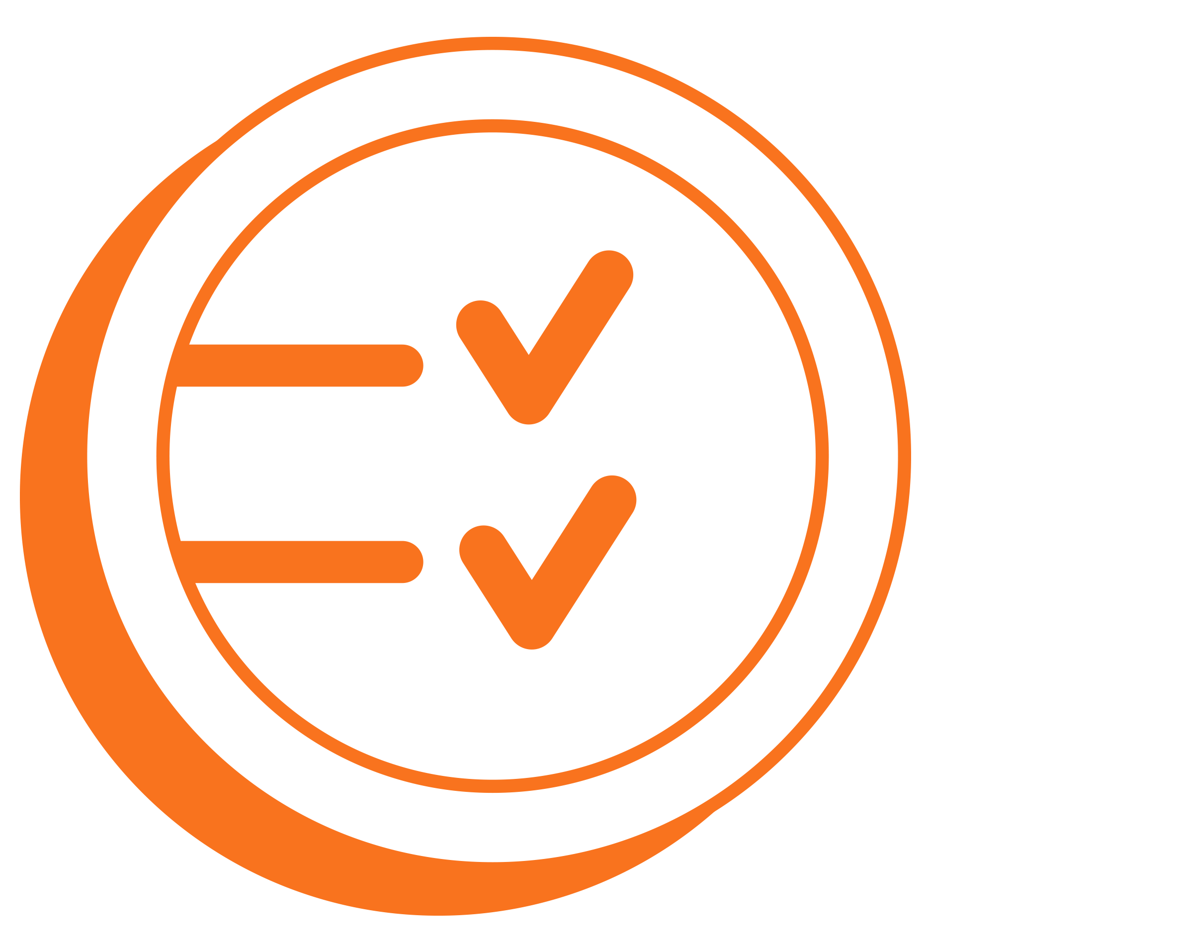 Circular orange and white icon with check marks indicating approval or completion.