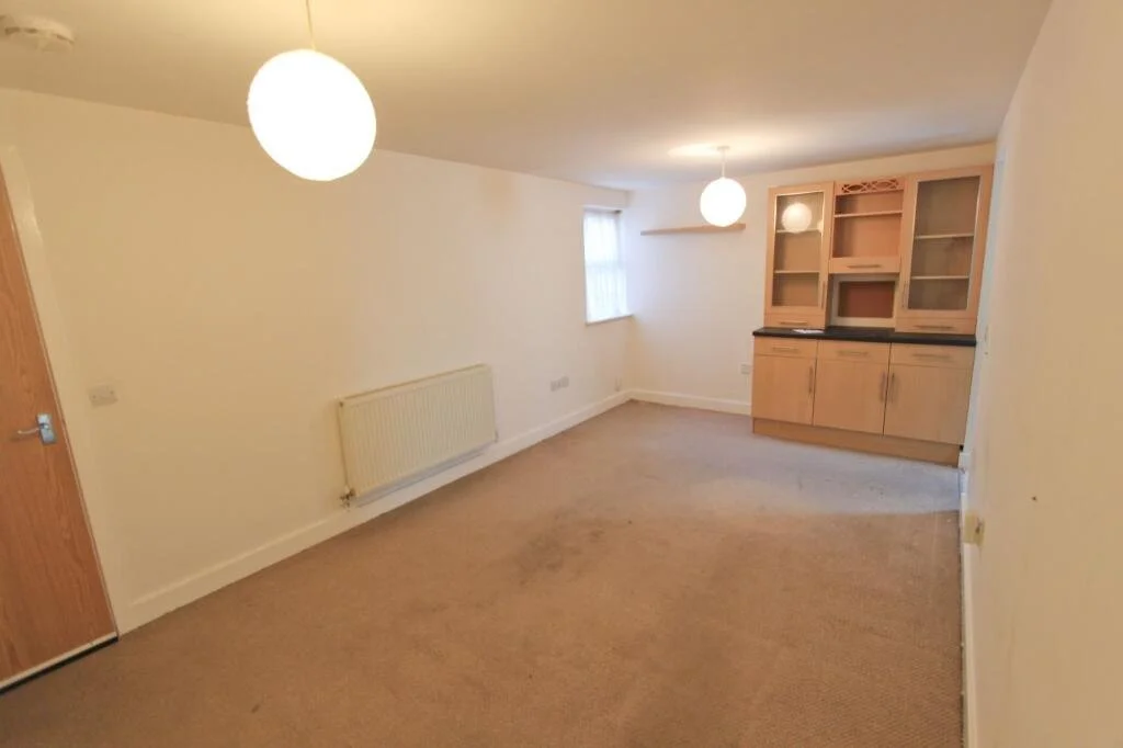 Empty living room with beige carpet, white walls, a radiator, a window with curtains, two ceiling lights, and a wooden built-in cabinet.