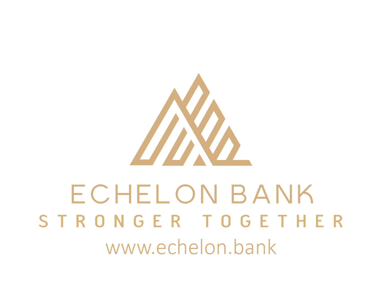 Echelon Bank logo featuring a gold stylized mountain triangle with text 'ECHELON BANK' and the slogan 'STRONGER TOGETHER' beneath, along with the website 'www.echelon.bank'.