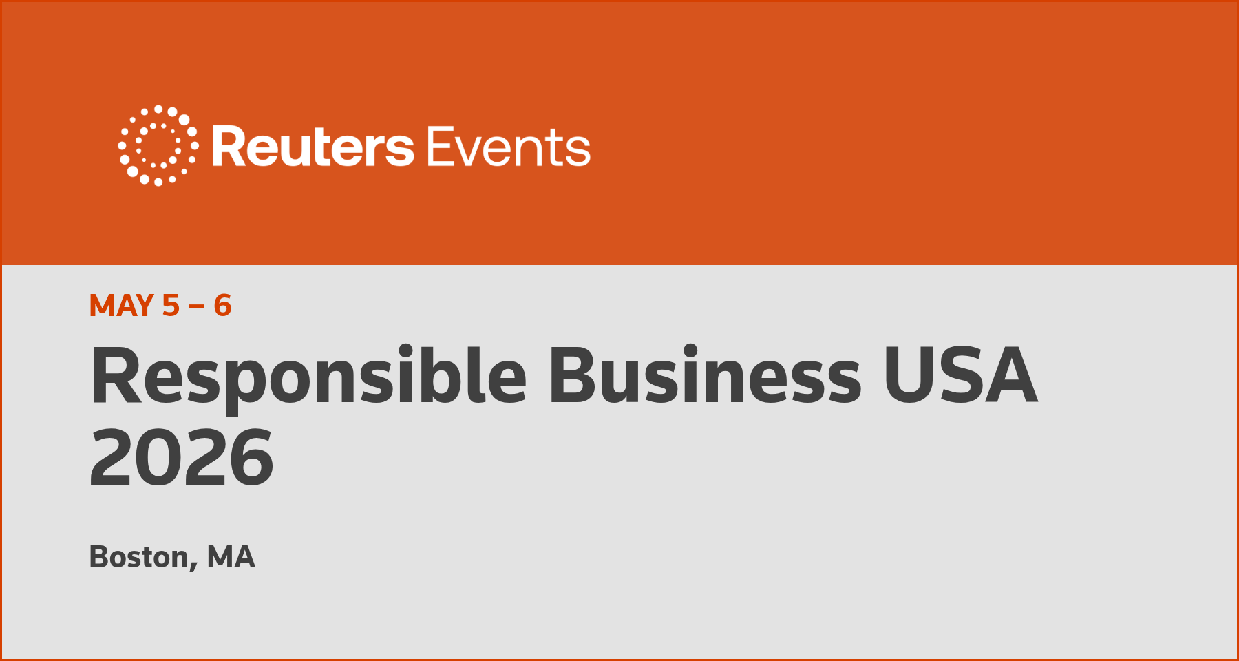 The banner image for Responsible Business USA 2026, a Reuters event taking place in Boston, MA May 2026.