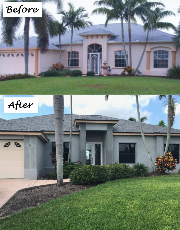 Comparison of a house before and after renovation. Lath & stucco provided by Badger Builders Inc.