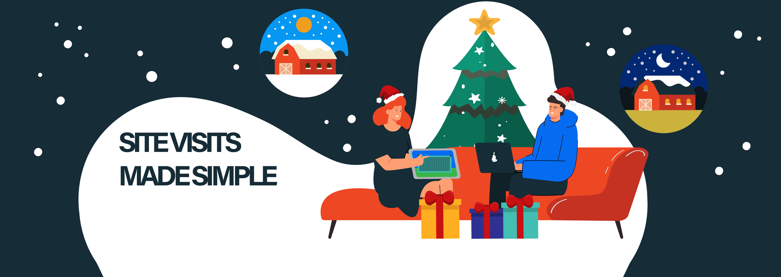 Two people sitting on a red couch with a Christmas tree behind them, exchanging gifts wrapped in colorful paper. They are wearing Santa hats and are surrounded by snowflakes and two circular images of snowy barns and houses at night. The text 'SITE VISITS MADE SIMPLE' is displayed on a white speech bubble.