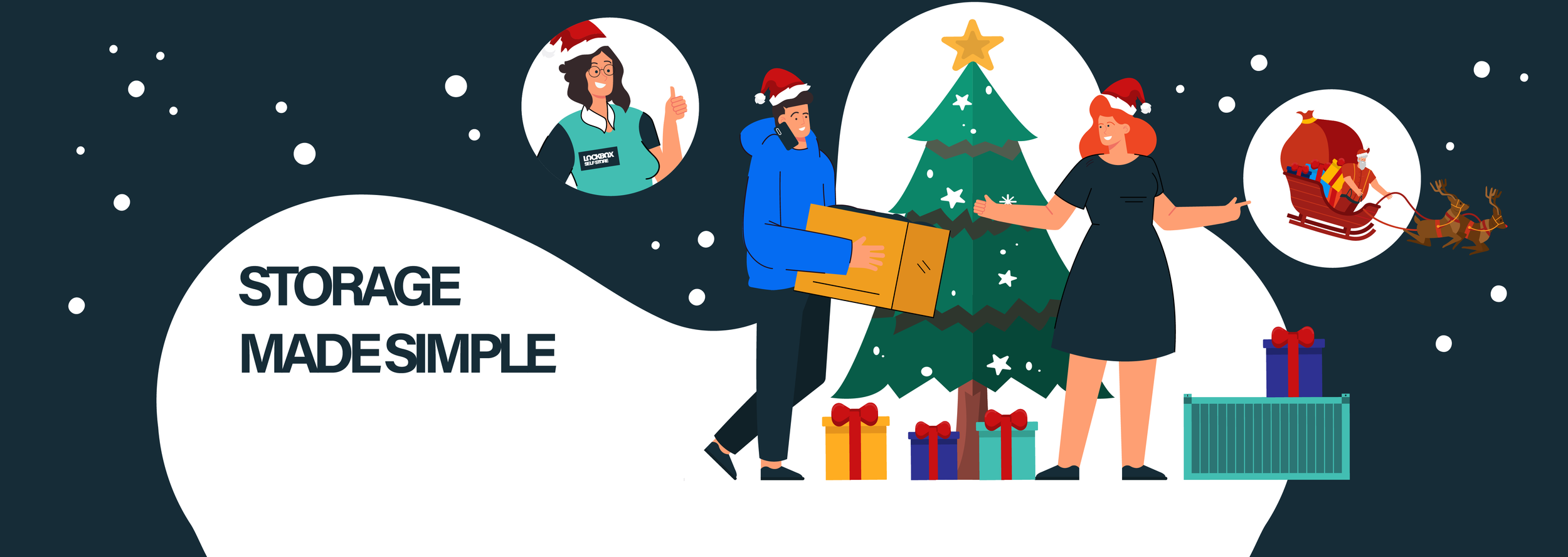 Illustration of people exchanging gifts during Christmas, with a decorated tree, Santa in a sleigh, reindeer, and Christmas presents, and the text 'STORAGE MADE SIMPLE'.