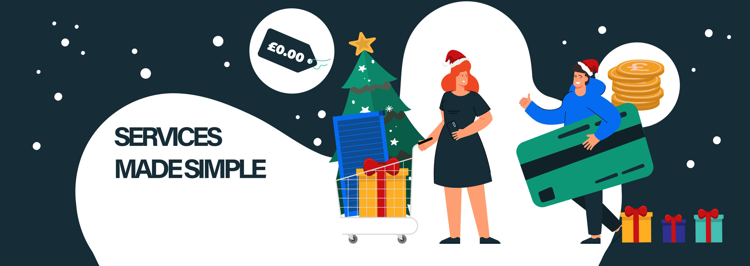 Christmas-themed digital illustration featuring a woman and a man with Santa hats exchanging presents, surrounded by Christmas gifts, a decorated tree, and snowflakes, with text 'Services Made Simple'.