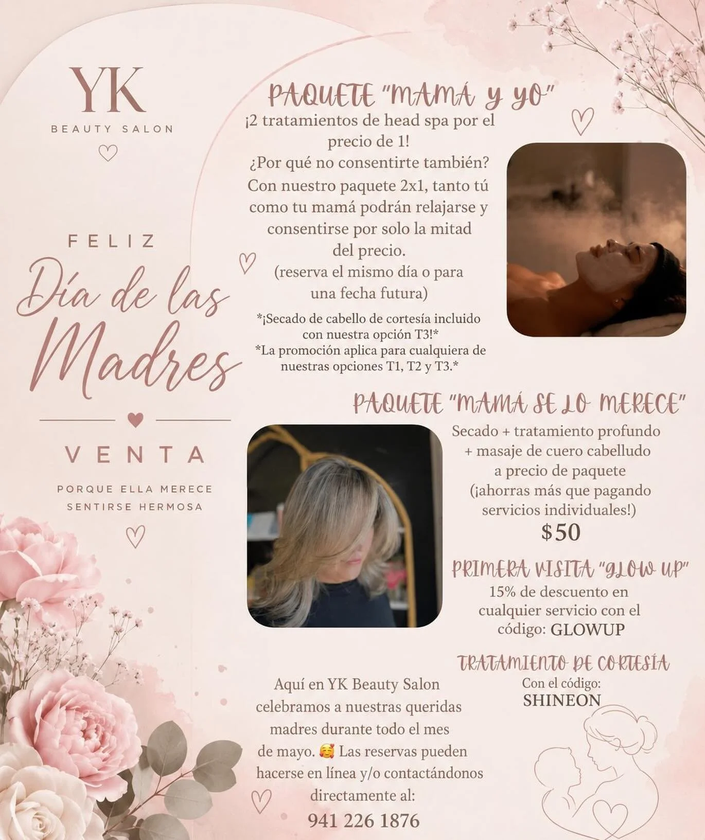 Reg&aacute;late a ti mismo y a tu madre este D&iacute;a de la Madre en el Sal&oacute;n de Belleza YK! 💖

✨ Paquete Mom &amp; Me: Disfrute de un tratamiento de spa para la cabeza 2 por 1! M&iacute;mense juntos por la mitad del precio. &iexcl;Se inclu