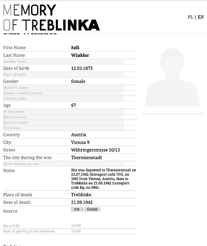  Memory of Treblinka document with my 67 year old great-great grandmother Sali Winkler.  