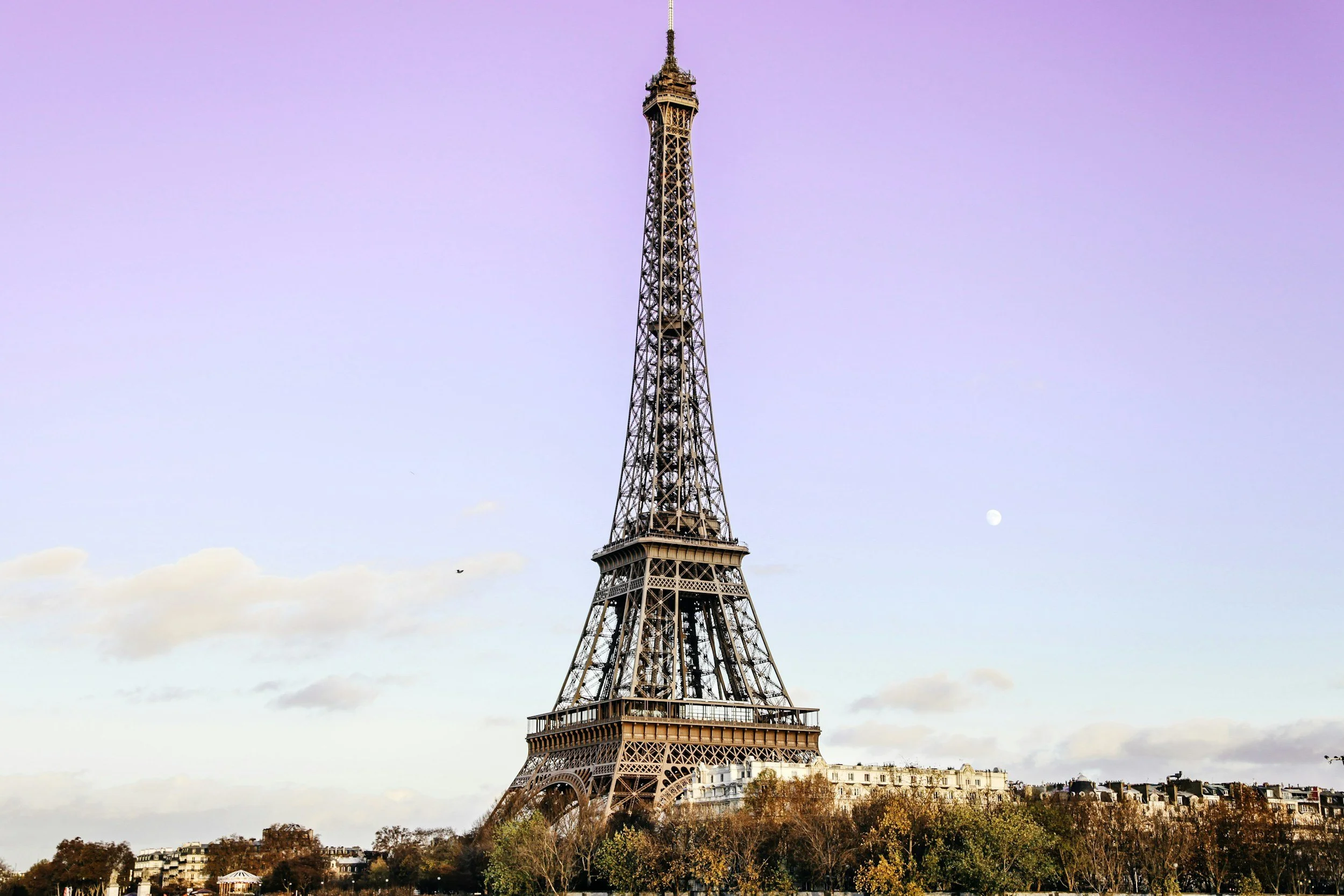 The Eiffel Tower in Paris, France, with a purple and pink sky in the background and the moon visible to the right, surrounded by trees and buildings at the base.