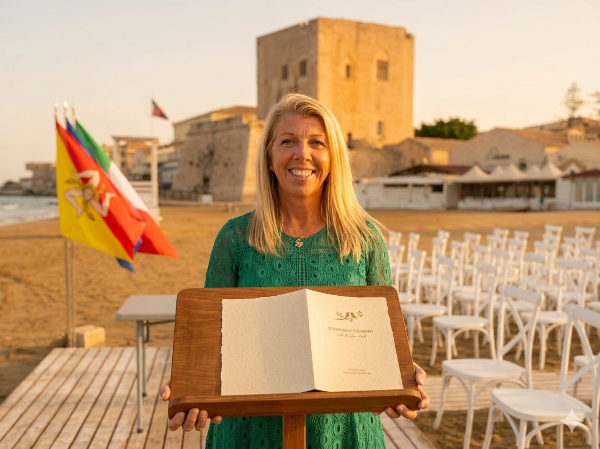 Kirsten Bolton, Lovebird Ceremonies celebrant, officiating a vow renewal on a beach with white chairs and a historic fortress.