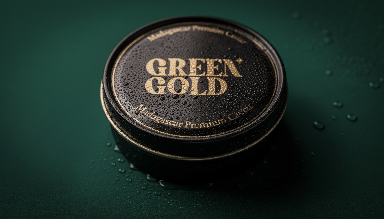 A round black container with gold text that reads 'GREEN GOLD,' surrounded by water droplets on its surface, sitting on a dark green background.
