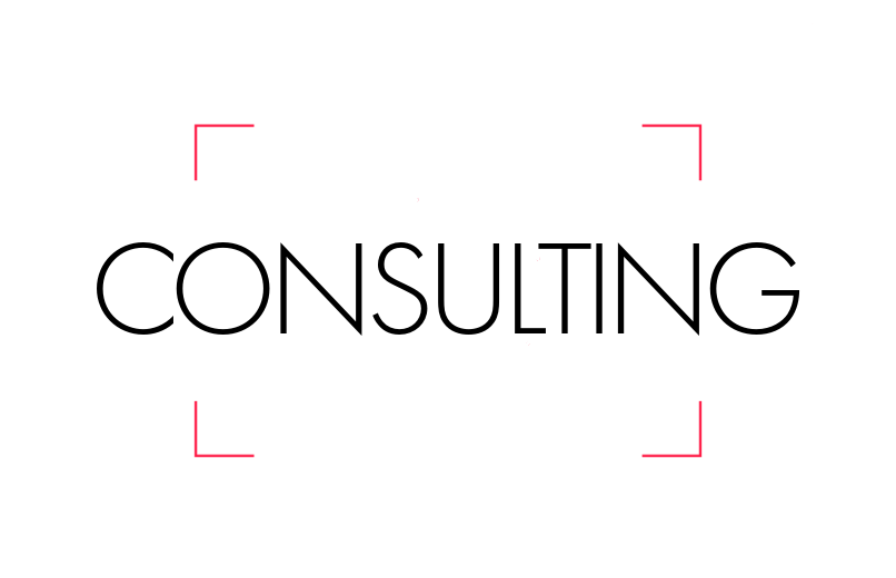 The image displays the word 'CONSULTING' in large, black, uppercase letters on a white background with four red corner markers.
