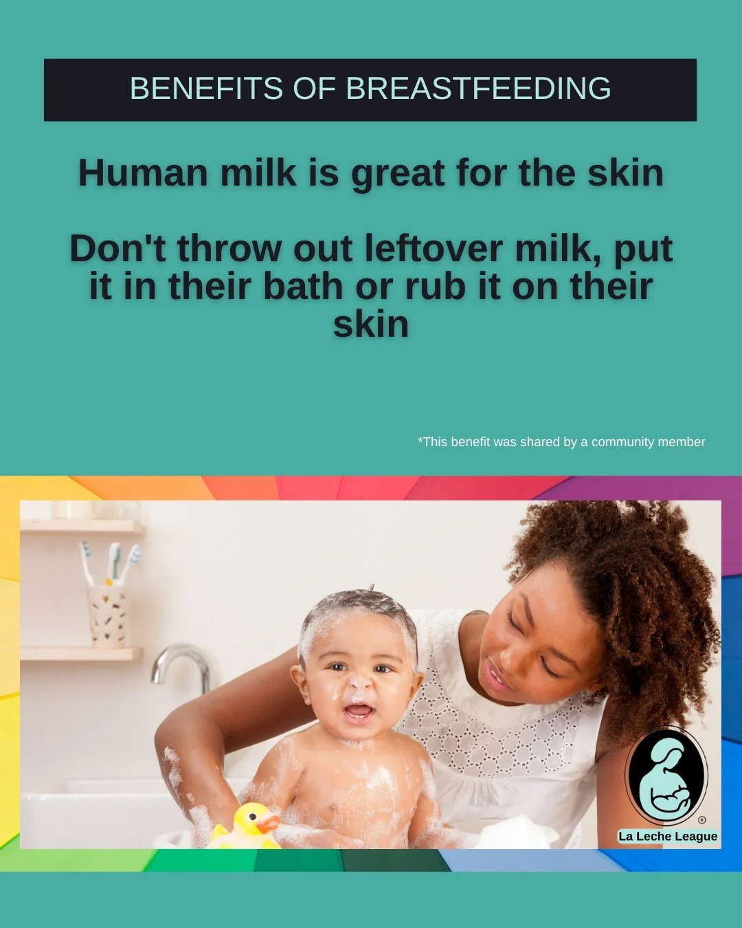 Benefits of breastfeeding: Human milk is great for the skin. Don't throw away leftover milk, put it in the bath or rub it on their skin.

Thank you @reneemcfarlane90 for sharing one of your favorite benefits.

Do you have a benefit you would like to 
