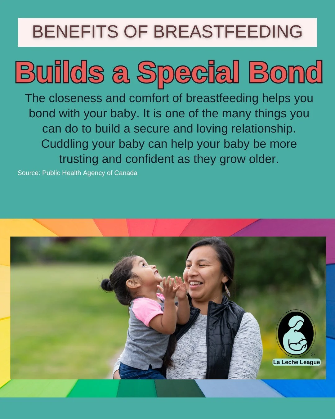 Builds a Special Bond

The closeness and comfort of breastfeeding helps you bond with your baby. It is one of the many things you can do to build a secure and loving relationship. Cuddling your baby can help your baby be more trusting and confident a