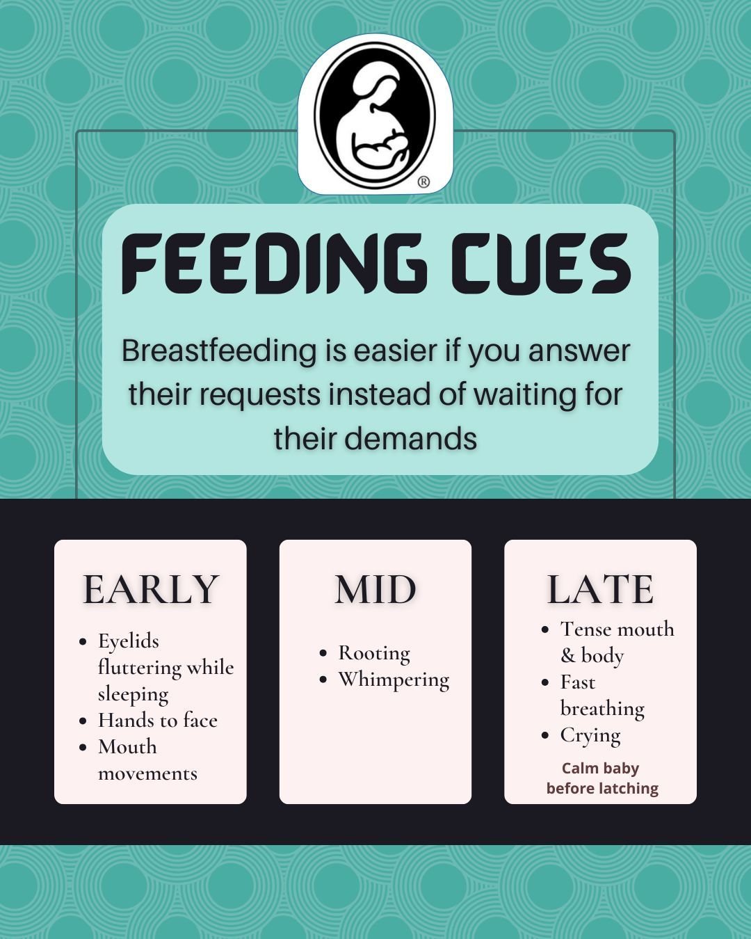 Breastfeeding is easier if you answer their requests instead of waiting for their demands.

Feeding Cues

Early:
* Eyelids fluttering while sleeping
* Hands to face
* Mouth movements

Mid:
* Rooting
* Whimpering

Late:
* Tense mouth &amp; body
* Fast