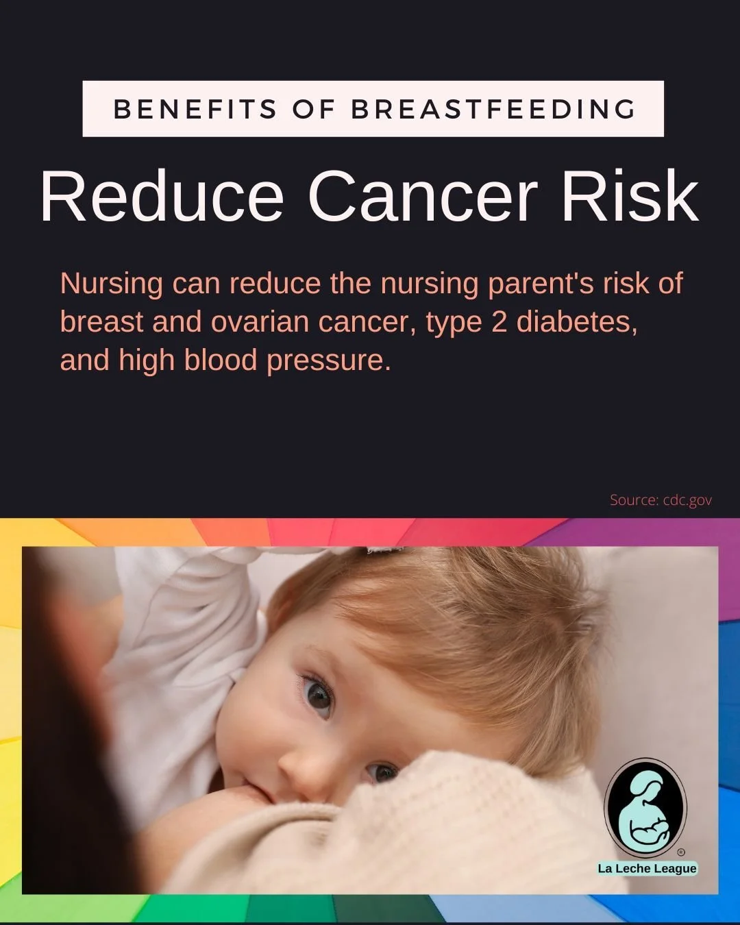 Benefits of Breastfeeding

Nursing can reduce the nursing parent's risk of breast and ovarian cancer, type 2 diabetes, and high blood pressure.
Breastfeeding has health benefits for the nursing parent too! Some cancers, type 2 diabetes, and high bloo