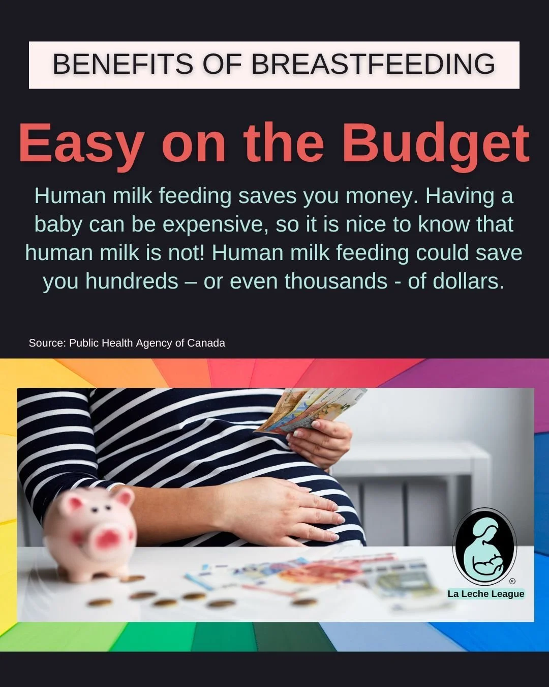 Benefits of Breastfeeding

Easy on the budget

Human milk feeding saves you money. Having a baby can be expensive, so it is nice to know that human milk is not! Human milk feeding could save you hundreds &ndash; or even thousands - of dollars.

Sourc