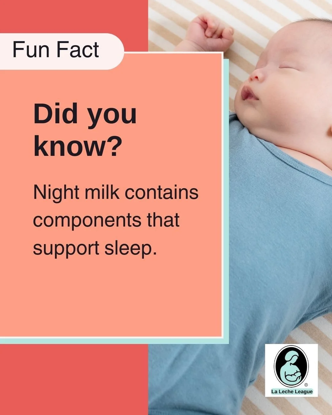 Night milk contains components that support sleep.

LLL Leaders can help you understand your baby&rsquo;s cues and feeding rhythms. 💕

Learn more at your local LLL meeting or at lllpa.org/meetings