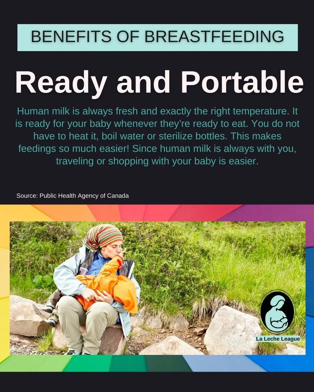 Ready and Portable

Human milk is always fresh and exactly the right temperature. It is ready for your baby whenever they&rsquo;re ready to eat. You do not have to heat it, boil water or sterilize bottles. This makes feedings so much easier! Since hu