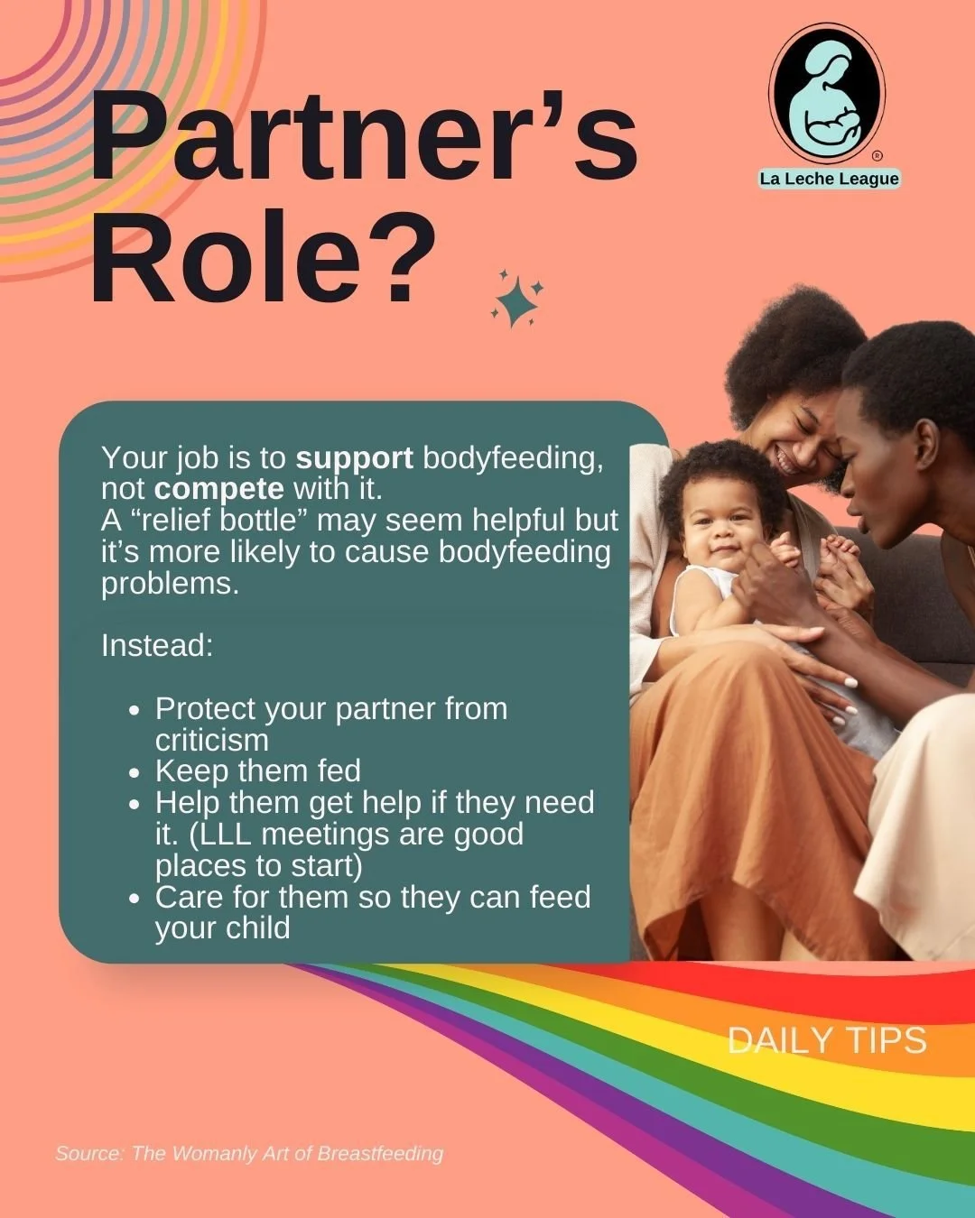 Partner&rsquo;s Role?

Your job is to support bodyfeeding, not compete with it. A &ldquo;relief bottle&rdquo; may seem helpful but it&rsquo;s more likely to cause bodyfeeding problems. 

Instead:

* Protect your partner from criticism

*Keep them fed