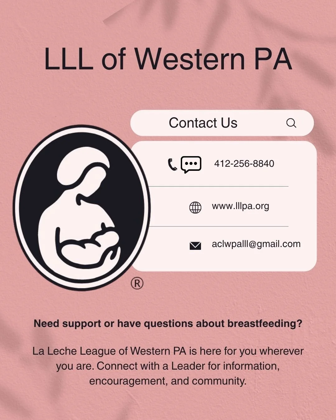 LLL of Western PA

Need breastfeeding help or just want to talk things through with someone who understands? La Leche League Leaders are here to listen and offer evidence-based, parent-to-parent support. Whether you have questions about feeding, pump
