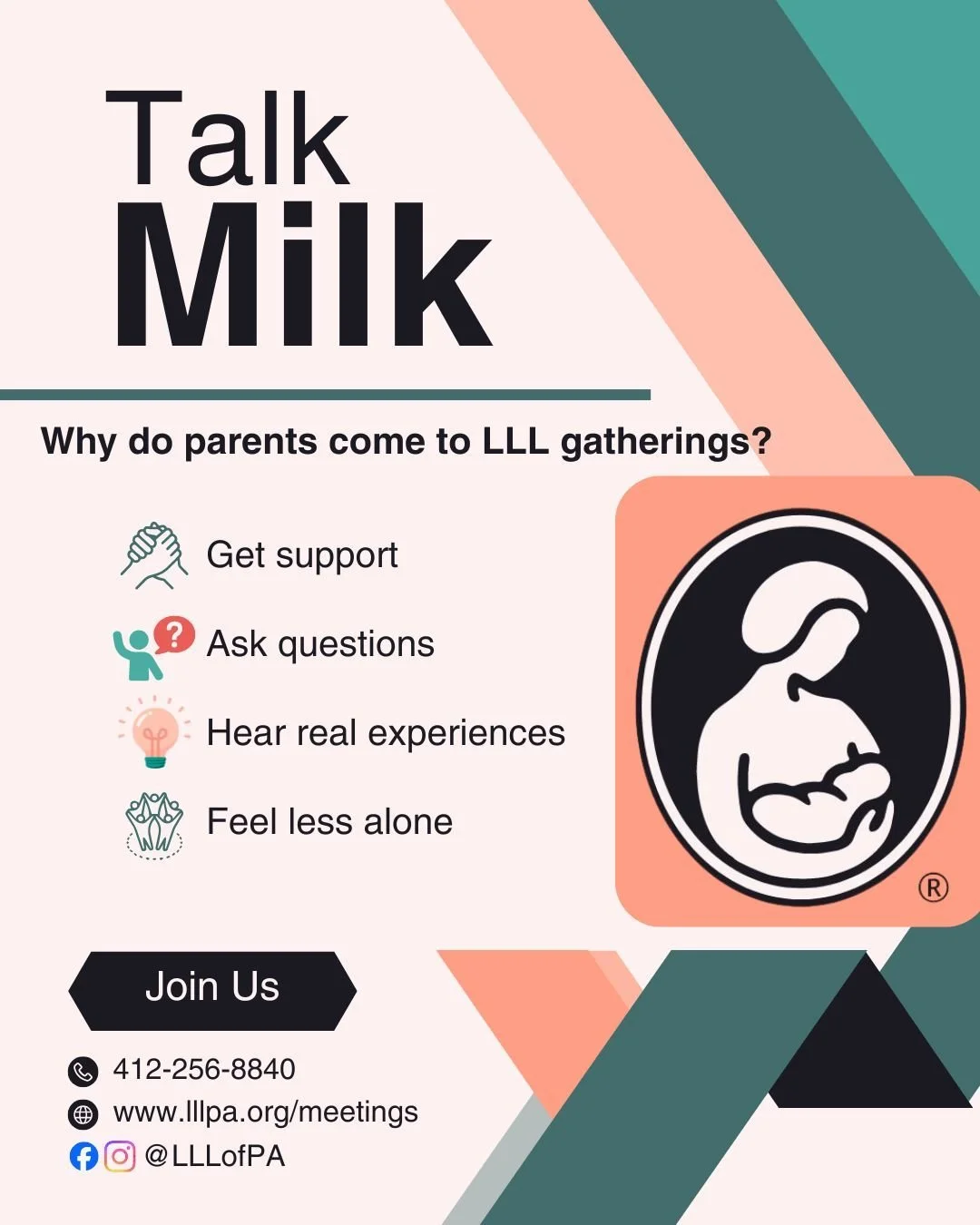 Parents come for all kinds of reasons.

Some have questions.�
Some need reassurance.�
Some just want to hear, &ldquo;That&rsquo;s normal.&rdquo;

At LLL gatherings, you&rsquo;ll find experienced Leaders and other parents sharing what&rsquo;s worked f