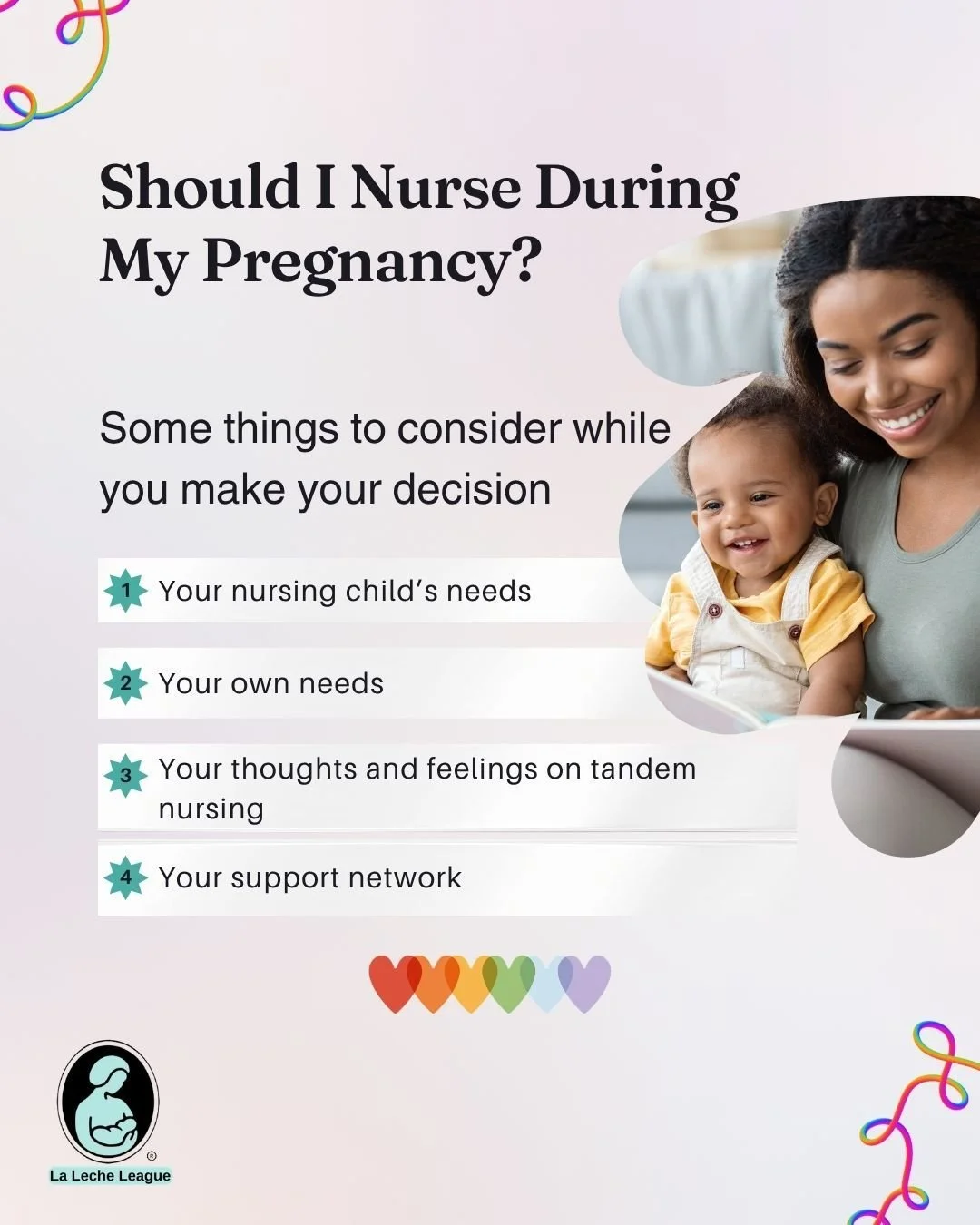 Pregnant and still nursing?
It&rsquo;s a question many parents wonder about, and the answer is personal to you and your family.

Here are a few things to keep in mind as you make your decision:
✨ Your nursing child&rsquo;s needs
✨ Your own needs
✨ Yo
