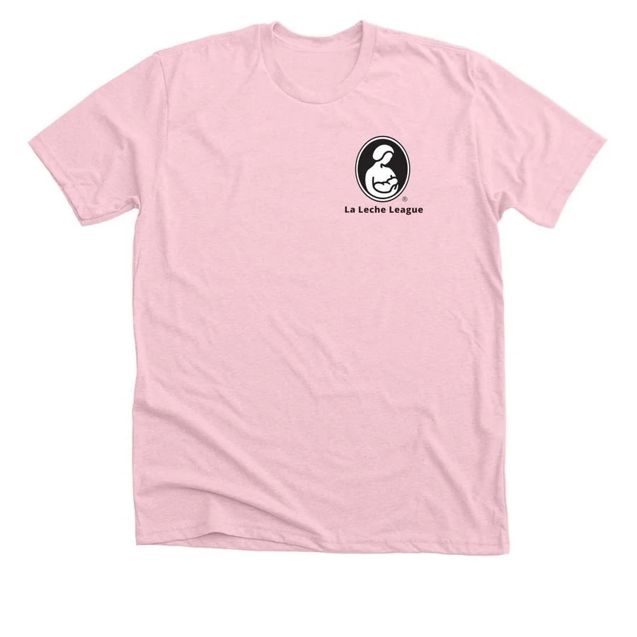 Light pink t-shirt with the LLL logo on the top, left chest.